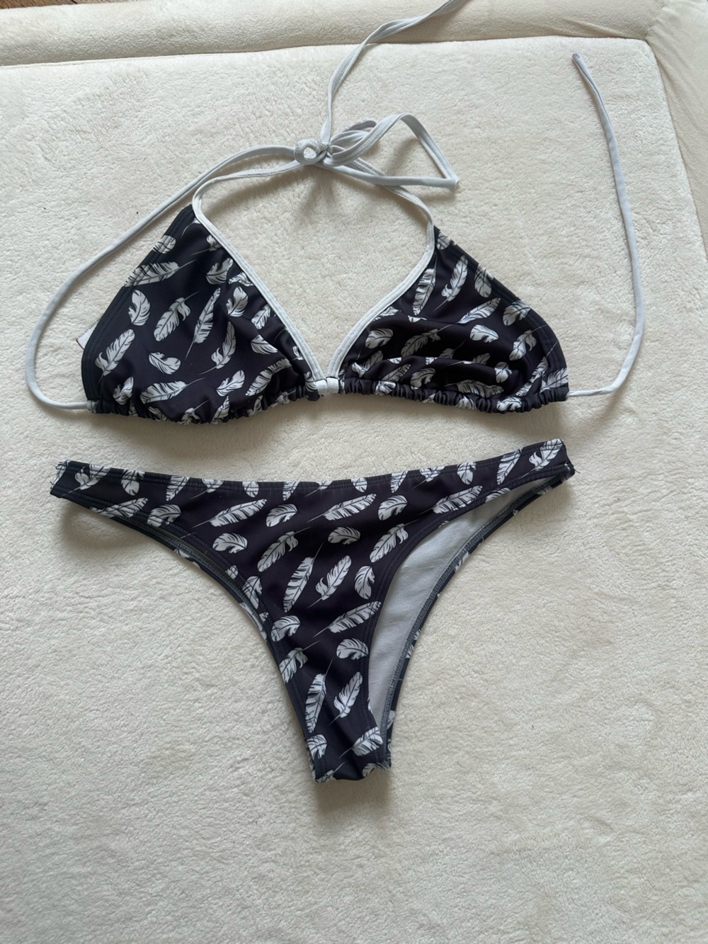 Dark Grey Feather Print String Bikini - Women's Swim